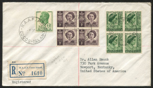 COCOS ISLANDS - Postal History: 1952 (Sep 8) registered cover to USA with adhesives tied by fine strikes of 'RAAF PO/COCOS ISLAND' datestamp, blue/white registration label, carried as an intermediary on return leg of QANTAS inaugural flight to South Africa (AAMC.1308a), receiving SYDNEY '9SE52' arrival backstamp, before onwards surface mail transit to USA receiving NEWPORT (KY) 'OCT/10/1952' arrival backstamp.