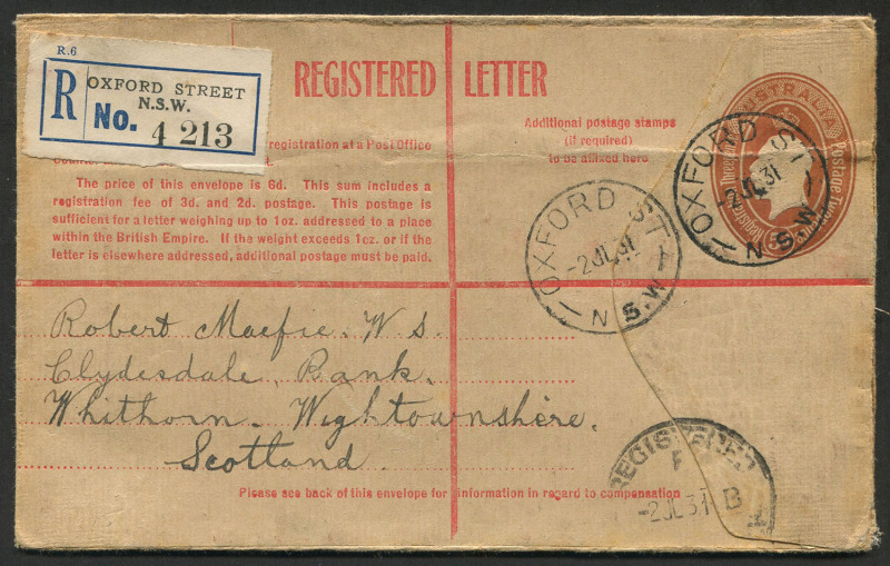 Australia: Postal Stationery - Registration Envelopes: 1930-1937 (BW:RE26) 5d KGV Oval Embossed Die 1, 1931 (Jul.2) from Sydney to Scotland with fine 'OXFORD ST/NSW' datestamps tying the Envelope.