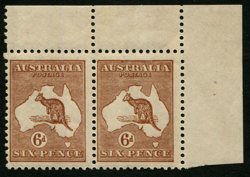 Australia: Kangaroos - Third Watermark: 1923-24 (SG.73) 6d Chestnut Die IIB corner marginal pair, the right-hand unit variety "White Scratch retouch - break in top frame over 'L' of 'AUSTRALIA' [4R6], lightly toned gum, variety unit MUH, BW: 21(4)fa - Cat