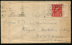 Australia: KGV Engraved Issues: 1913-14 1d Carmine-Red marginal example tied by 1918 MELBOURNE War Savings slogan cancel to cover addressed to Royal Military College, Duntroon, BW:59C - Cat $300 (on cover).