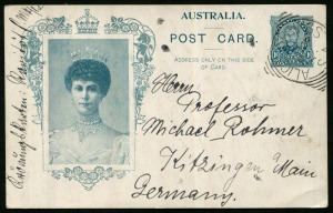Australia: Postal Stationery - Postal Cards: 1911 KGV 1d Coronation (BW:P13b) illustration showing Queen Mary in Ornate Unshaded Rectangular Frame, on white card/buff on reverse, fine used with ALICE SPRINGS squared-circle datestamp, Cat $75.