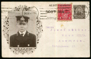 Australia: Postal Stationery - Postal Cards: 1911 (BW:18/2A) KGV 1d Coronation illustration showing the Prince of Wales in Rectangular Oak Leaves Frame, "RUSSELL" in capitals with large initial "R", on white card/white on reverse; card uprated with KGV 1d red (edge tone) for 1921 transit from Melbourne to Austria, Cat $75.