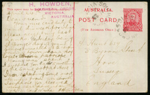 Australia: Postal Stationery - Postal Cards: 1911 (BW:P21/1) KGV 1d Scenic Views of Victoria Setting 1 ("P" of "POST" 5mm from central dividing line), image showing "Gilderoy Ranges", postally used in 1912 to England, card tied by unframed SOUTHERN CROSS (Vic) datestamp, Cat $75+.