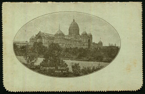 Australia: Postal Stationery - Letter Cards:1911-12 (BW:LC1/46) KGV 1d Full-Face Design P10 on Pale Green Card (0.28mm thick), "Exhibition Bldgs, Melb. Vic" illustration, 1911 (May 10) postal use from Melbourne to Birmingham, England, mild peripheral aging, fine overall, Cat. $200.