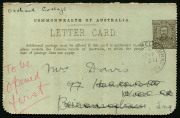 Australia: Postal Stationery - Letter Cards:1911-12 (BW:LC1/46) KGV 1d Full-Face Design P10 on Pale Green Card (0.28mm thick), "Exhibition Bldgs, Melb. Vic" illustration, 1911 (May 10) postal use from Melbourne to Birmingham, England, mild peripheral agin - 2