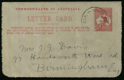 Australia: Postal Stationery - Letter Cards:1913-14 (BW:LC14/77) 1d Kangaroo Design Original Die P10 in brownish-red, "Mosman Bay - Sydney" illustration, 1913 (Nov. 13) postal use from South Melbourne to Birmingham, England, Cat. $50. - 2
