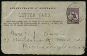Australia: Postal Stationery - Letter Cards:1913-14 (BW:LC16/32A) 1d Kangaroo Design Die 2 Perf 10 in purple, "Central R'l'y S't'n. Brisbane" illustration, 1913 (Jun.26) postal use from South Melbourne to Birmingham, England, slight tones/soiling, Cat. $7 - 2