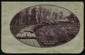 Australia: Postal Stationery - Letter Cards:1914-18 (BW:LC18/109) 1d KGV Sideface Design P12½ Die 1 in purple-brown on Grey Surfaced Card with Off-White/Cream Interior, "Railway Sleepers Queensland" illustration, North Sydney local postal use, Cat.$60