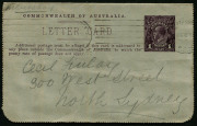 Australia: Postal Stationery - Letter Cards:1914-18 (BW:LC18/109) 1d KGV Sideface Design P12&frac12; Die 1 in purple-brown on Grey Surfaced Card with Off-White/Cream Interior, "Railway Sleepers Queensland" illustration, North Sydney local postal use, Cat.$60 - 2