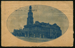 Australia: Postal Stationery - Letter Cards:1917 (BW:LC29/133) KGV 1d Divided Reply Lettercard in blue, Outward Half with obliterating bars through "REPLY", zig-zag rouletted 15, "Town Hall, Sydney" illustration, 1917 (Sept.14) Melbourne local use between Ringwood and Mitcham, Cat $400. Scarce.