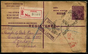 Australia: Postal Stationery - Registration Envelopes: 1925-25 (BW:RE19) 4½d King George V, Text in Violet on Hodgson Wove Stock (straight edges, "no top to crown"); 1925 (Nov,) use from PERTH to LONDON with arrival datestamp, red/white registration label, fine condition.