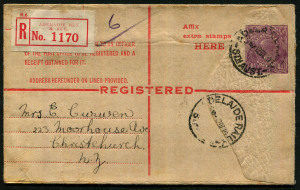 Australia: Postal Stationery - Registration Envelopes: 1925-28 (BW:RE20B) 4½d King George V, Text in Red; 1927 (Dec.12) use from ADELAIDE RLY (STN) to New Zealand, red/white registration label, ADELAIDE RLY & REGISTERED ADELAIDE backstamps.