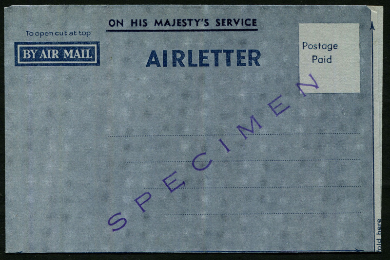 Australia: Postal Stationery - Aerogrammes: 1952 (BW:AO1w) No Denomination Official Aerogramme in blue, overprinted "ON HIS MAJESTY'S SERVICE" handstamped 'SPECIMEN' in violet. Very fine.