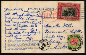 Australia: Postal History: 1929 (Mar.6) inwards PPC (image "Washington's Mansion") from USA to Sydney underpaid with 2c Fort Sackville, oval 'TAX 1d" handstamp in red applied and Australia 1d Due added and tied by BALMAIN datestamp.