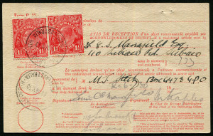 Australia: Postal History: 1930 (Jun.2) Perth local use of Avis De Reception card with KGV 1½d red (2) tied by REGISTERED PERTH datestamp, fine SUBIACO datestamp on reverse.