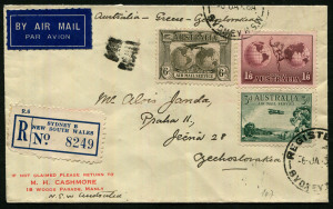 Australia: Postal History: 1936 (Jan.6) registered airmail cover to Czechoslovakia endorsed "Australia-Greece-Czechoslovakia: with attractive tri-colour franking comprising 1/6d Hermes, 6d Kingsford Smith Airmail & 3d Airmail tied by REGISTERED SYDNEY datestamps, on reverse ATHENS, ROME RAILWAY & BOLOGNA transit datestamps. Very fine.