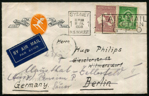 Australia: Postal History: 1938 (July 11) The Hiawatha Milwaukee Road (railway advertising) cover to Berlin with 2/- Roo & 1d QM tied by SYDNEY slogan cancel paying the correct 2/1d airmail rate, on reverse superb ATHENS transit datestamp, cover re-direct