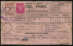 Australia: Postal History: Late 1930s use of pink Parcel Post Customs Declaration label with CofA 2/- maroon Die II Roo & KGVI 1/4d tied by large oval 'TELEGRAPH OFFICE/ FITZROY N.6' datestamp (dateline not legible, WWW do list this type, the later rectangular type WWW.1420 is rated 4R), sent by Moran & Cato (Grocers, Fitzroy) to England for groceries weighing 4lbs 1oz valued at 7/9d; spotting on reverse & small tear, fine overall.