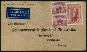 Australia: Postal History: 1941 (Nov.6) printed Commonwealth Bank cover to England sent at 5/10d clipper airmail rate "via America" with 5/- Robes & 5d Ram pair cancelled with 'AIRMAIL SECTION/6NO41/MELBOURNE' datestamp. Smallest cover we have ever seen with a Robes clipper rate franking.
