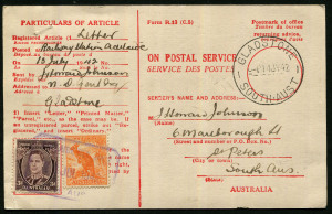 Australia: Postal History: 1942 (Jul.14) use of Avis De Reception card from ADELAIDE to GLADSTONE (SA) with KGVI 3d brown & ½d Roo tied by ADELAIDE RLY boxed datestamp in violet, fine GLADSTONE returning office datestamp.