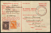 Australia: Postal History: 1942 (Jul.14) use of Avis De Reception card from ADELAIDE to GLADSTONE (SA) with KGVI 3d brown & &frac12;d Roo tied by ADELAIDE RLY boxed datestamp in violet, fine GLADSTONE returning office datestamp.
