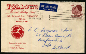 Australia: Postal History: 1963 (Apr.12) Tollows/Interflora advertising cover to Scotland with scarce solo franking of 2/3d Royal Visit paying airmail rate. Fine example.