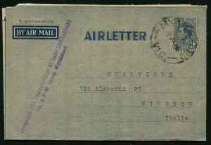 Australia: Postal History - World War II - POW Camps - Victoria: 1946 (Jun.30) use of 7d Air Letter from Myrtleford to Italy from Prisoner of War, No.5, A.P.W.I, Group, with very fine strike of "APPROVED FOR TRANSMISSION BY CAMP COMMANDANT/No.5 PW Camp Myrtleford" handstamp in violet. Very fine.