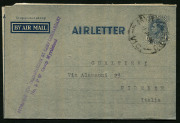 Australia: Postal History - World War II - POW Camps - Victoria: 1946 (Jun.30) use of 7d Air Letter from Myrtleford to Italy from Prisoner of War, No.5, A.P.W.I, Group, with very fine strike of "APPROVED FOR TRANSMISSION BY CAMP COMMANDANT/No.5 PW Camp My