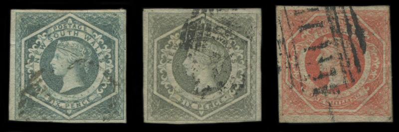 NEW SOUTH WALES: 1854-59 (SG.91,95 & 100) Imperforate Diadems 6d slate-green, 6d olive-grey & 1/- pale red, margins just shaved (1/-) to good, Cat £140.