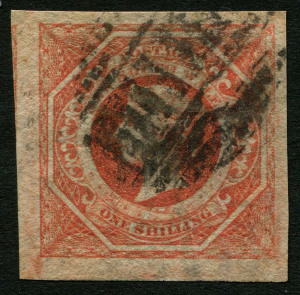 NEW SOUTH WALES: 1854-59 (SG.101) Imperforate Diadems 1/- brownish-red, complete good to very large margins, Sydney bars cancel, Cat £80.