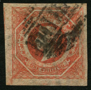 NEW SOUTH WALES: 1854-59 (SG.101) Imperforate Diadems 1/- brownish-red, complete good to very large margins, Sydney bars cancel, Cat &pound;80.