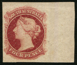 SOUTH AUSTRALIA: 1860-69 (SG.27) Second Roulettes 4d imperforate Plate Proof marginal example in dull rose-carmine, on ungummed, unwatermarked paper.