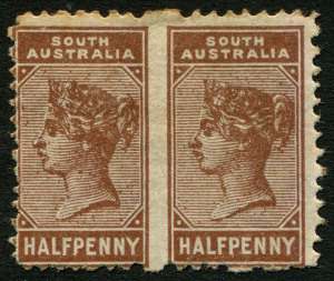 SOUTH AUSTRALIA: 1883-89 (SG.188b) ½d Bantam P.15 deep brown IMPERFORATE BETWEEN HORIZONTAL PAIR, part gum with gumside toning, Cat. £425. Rare.