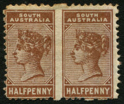 SOUTH AUSTRALIA: 1883-89 (SG.188b) &frac12;d Bantam P.15 deep brown IMPERFORATE BETWEEN HORIZONTAL PAIR, part gum with gumside toning, Cat. &pound;425. Rare.