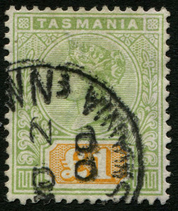 TASMANIA: 1892-99 (SG.225) Tablets £1 green & yellow, fine used, Cat. £500.