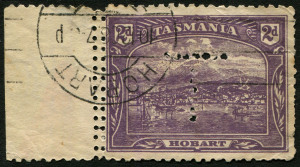 TASMANIA: 1905-10 (SG.251b) Wmk Crown over A (sideways) 2d plum Perf 11 perf 'T' with DOUBLE PERFS between stamp and sheet margin, some creasing at upper-right & thin in the sheet margin only, HOBART 1908 datestamp.