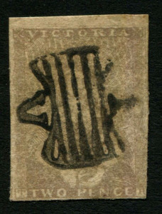VICTORIA: 1850-53 (SG.17b) Ham Fourth State, Coarse Border & Background "Vertical Drapes" 2d pale dull brown, bold Butterfly '1' cancel, complete margins, Cat £130.