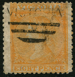 VICTORIA: 1863-73 Laureates (SG.112) 8d orange, unusually wide margins at left & at right, fine used, Cat. £120.