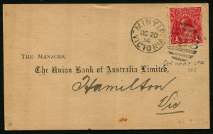 VICTORIA - Barred Numerals: 1914 (Oct.20) Union Bank printed postcard to Hamilton with KGV 1d Red ("White spot next to '1' in right value tablet") tied by very fine strike of MINYIP '888' duplex.