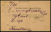 VICTORIA - Barred Numerals: 1914 (Oct.20) Union Bank printed postcard to Hamilton with KGV 1d Red ("White spot next to '1' in right value tablet") tied by very fine strike of MINYIP '888' duplex. - 2