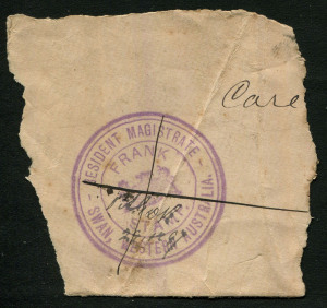 WESTERN AUSTRALIA - Postal Stationery: FRANK STAMPS: "RESIDENT MAGISTRATE/SWAN WESTERN AUSTRALIA" very fine strike in violet on envelope fragment (creases), scored through and signed & dated "29/12/97"; Rated RRRR.