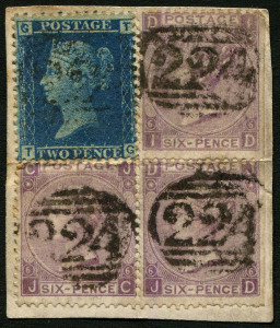 GREAT BRITAIN: 1887-80 (SG.105) Wmk Spray 6d deep lilac (with hyphen) strip of 3 (right side units with straight edges at right), plus 2d blue Plate 9 (SG.45) on piece franked with BN '224' (Cowbridge) cancels. Cat £540+.