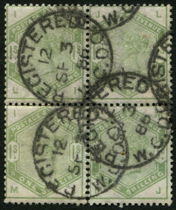 GREAT BRITAIN: 1883 (SG.196) "Lilacs & Greens" 1/- dull green block of 4 with multiple REGISTERED (London) datestamps, upper-right unit small paper wrinkle, fine multiple overall, Cat £1300+.
