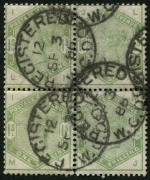 GREAT BRITAIN: 1883 (SG.196) "Lilacs & Greens" 1/- dull green block of 4 with multiple REGISTERED (London) datestamps, upper-right unit small paper wrinkle, fine multiple overall, Cat &pound;1300+.