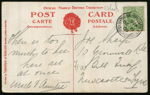 GREAT BRITAIN - Postal History: 1908 Valentine's Series PPC for Franco-British Exhibition showing "Canadian Toboggan", postally used with 'BALLYMACLINTON/OC19/08/SHEPHERDS BUSH EXHIBITION.W' datestamp (Ballymaclinton was an "Irish village" set up for the exhibition), card with bumped corners, very fine overall.