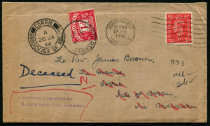 GREAT BRITAIN - Postal History: 1946 (Jan.24) cover to Isle of Arran with fine CORRIE/BRODICK ISLE OF ARRAN' arrival datestamp, undelivered as recipient deceased, and returned to vendor with 1d Due added tied by HUDDERSFIELD datestamp.