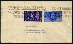 GREAT BRITAIN - Postal History: 1946 (Jun.11) 1946 Peace set tied to printed FDC by 'DON'T WASTE BREAD/OTHERS NEED' slogan '11JU/46' FDI datestamp, typed address to Switzerland. Very scarce.