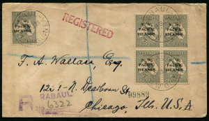 NEW GUINEA - Postal History: NWPI: 1928 (Jul.19) registered cover to Chicago via Sydney (backstamp), with Roos 2d block of 4 & single tied by RABAUL '19JL28' datestamps, rubber registration handstamp, CHICAGO arrival backstamps. Fine condition.