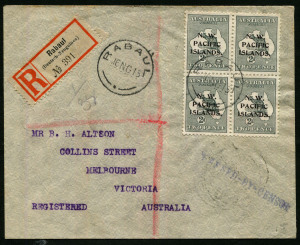 NEW GUINEA - Postal History: NWPI: 1915 cover to Melbourne via Sydney (backstamp), with Roos 2d block of 4 tied by RABAUL '16NO15' datestamp, German-type Registration Label, 'PASSED-BY-CENSOR' handstamp in violet. Fine condition.