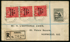 NEW GUINEA - Postal History: NWPI: 1919 L'Estrange Ewen cover to England via Sydney (b/s) with KGV 1d red abc strip of 3 & 2d Roo tied by RABAUL datestamps, black/white registration label, SYDNEY, LONDON & NORWOOD (arrival) backstamps.